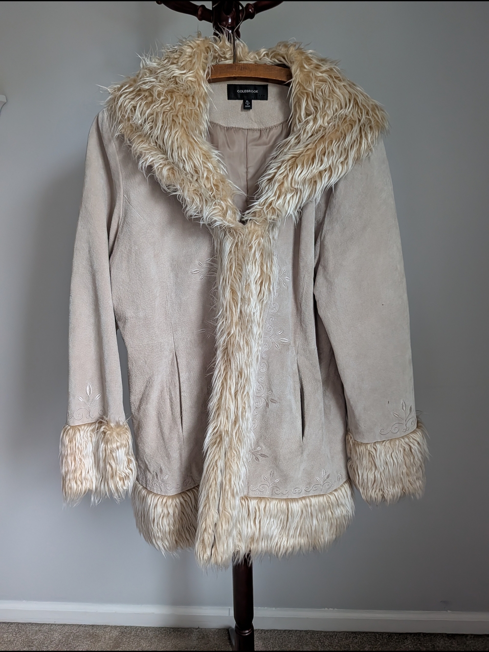 Colebrook 100 Percent Suede Leather Cream Penny Lane Coat with Faux-Fur Trim
